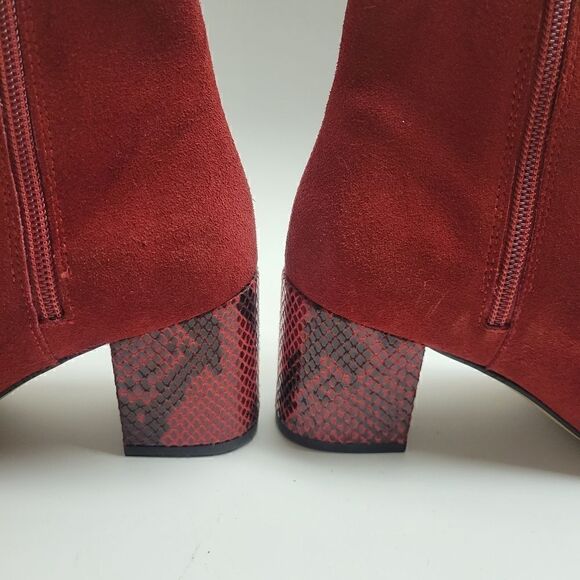 Portuguese Red Suede Leather & Snakeskin Block Heel Point Boots - Picture 3 of 14